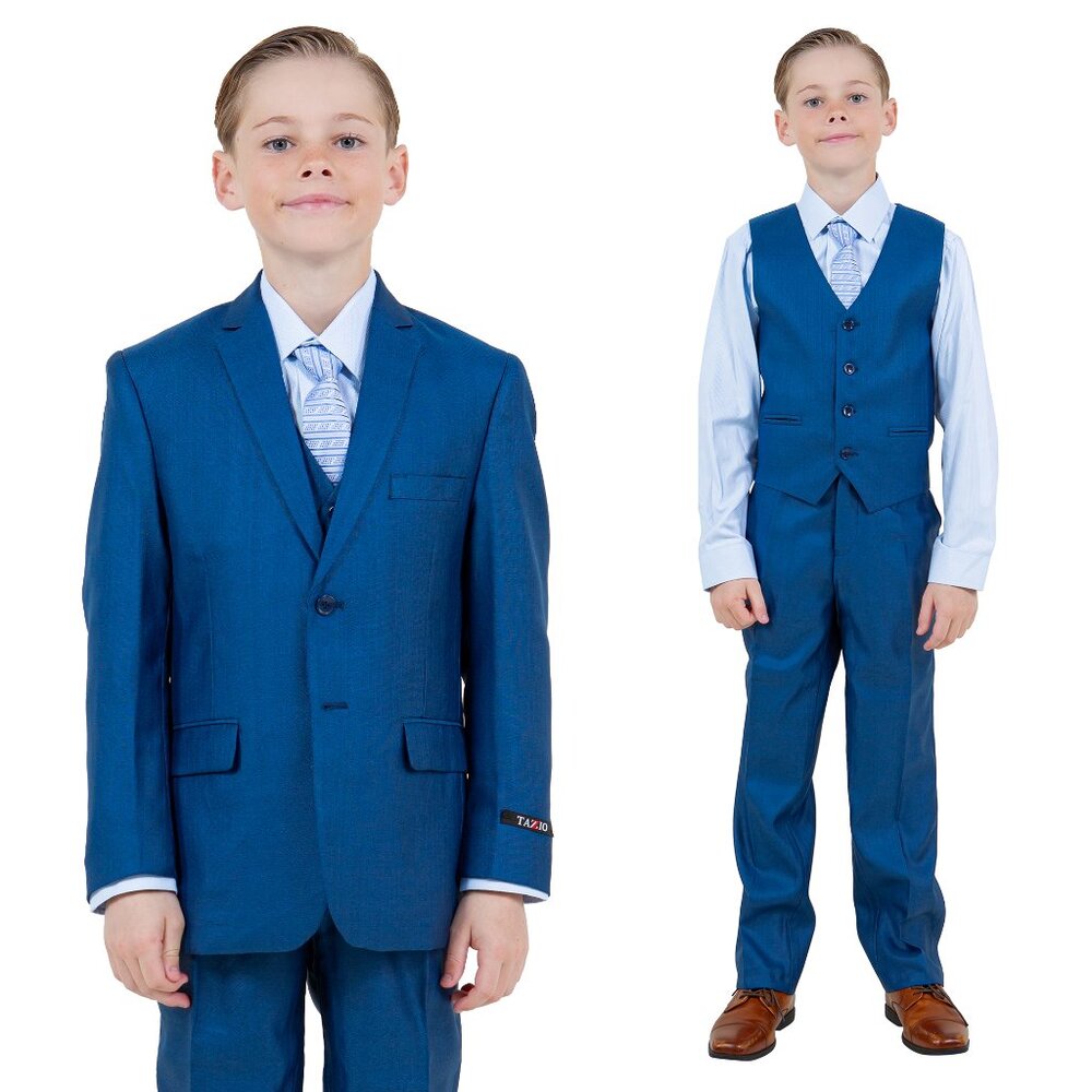 Boys Sharkskin 5pc Blue Suit Set by Tazzio